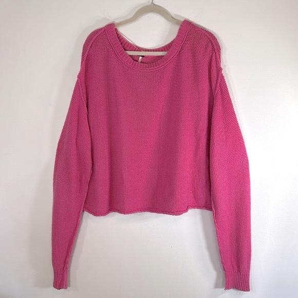 Free People Cropped Oversized Women’s Size L Drop Shoulder Cotton Pink Sweater - Picture 1 of 15